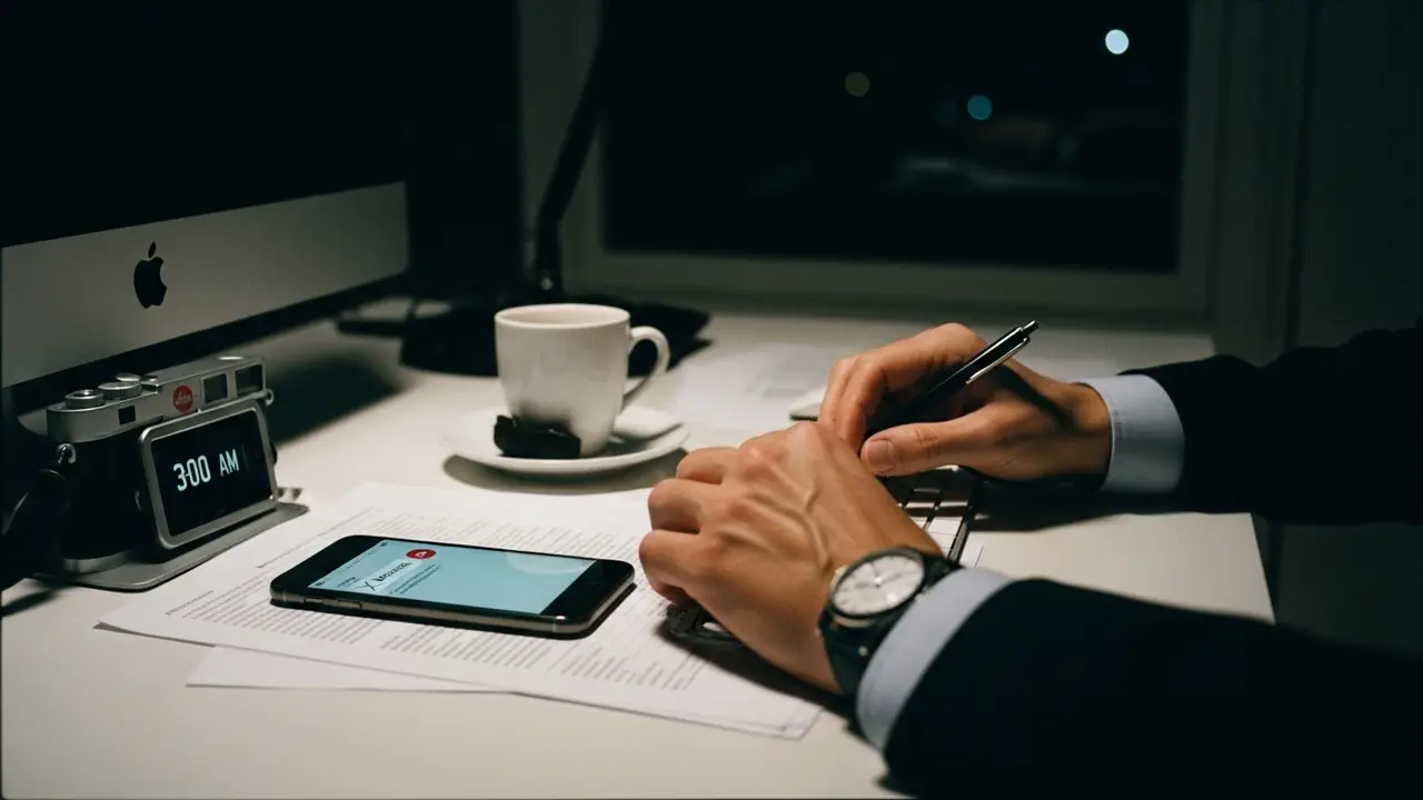 Gros plan mains cadre supérieur téléphone et café à 3h du matin