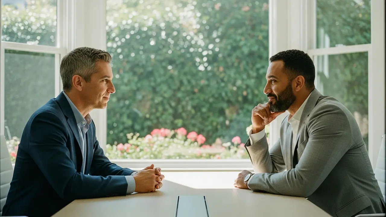 Leader à l’écoute, échange humain authentique avec un collaborateur, lumière naturelle