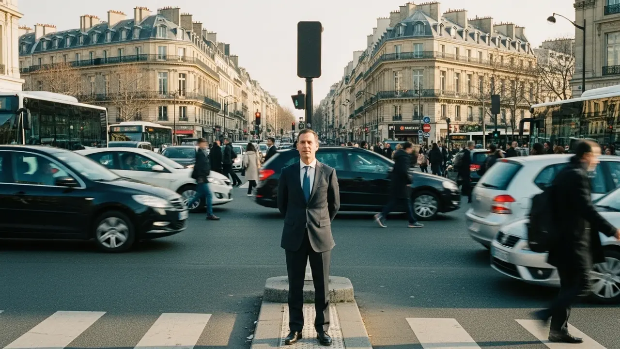 Cadre assis à un carrefour symbolique entre chaos et sérénité