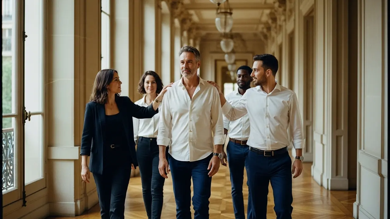 Leader marchant sereinement, collaborateurs confiants, lumière naturelle dans un immeuble haussmannien