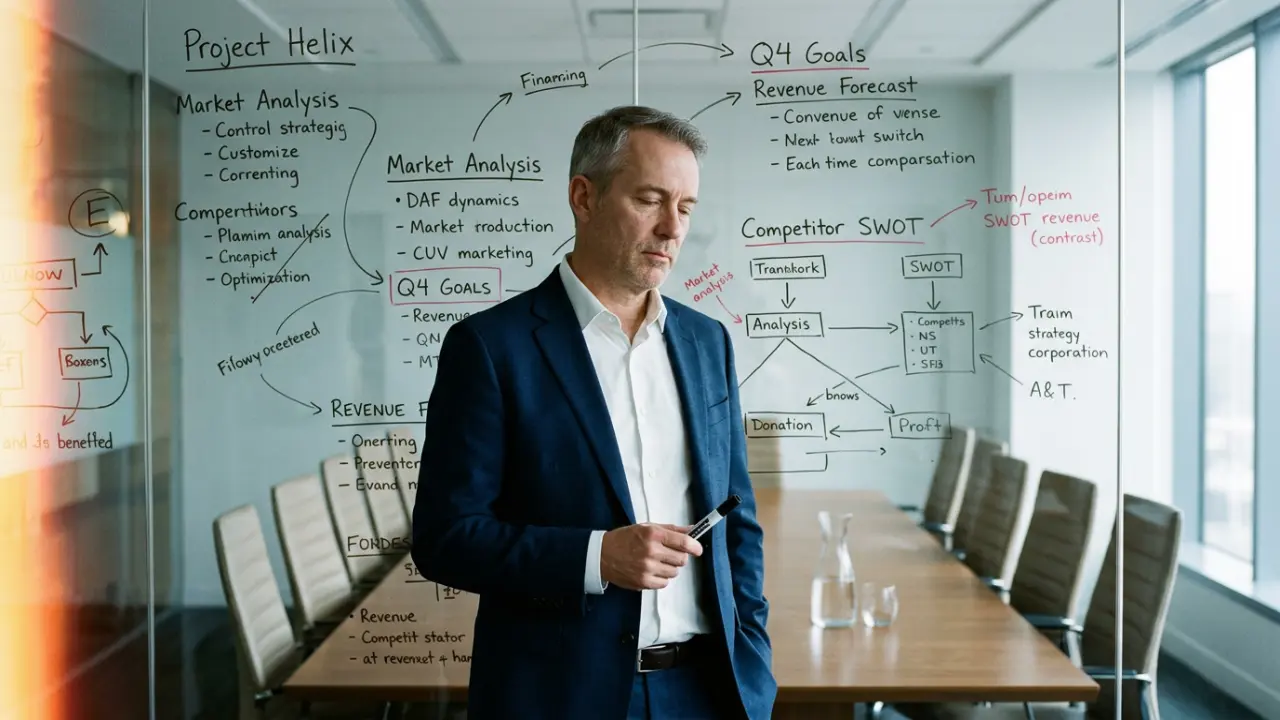 Dirigeant en réflexion stratégique solitaire devant un tableau de travail