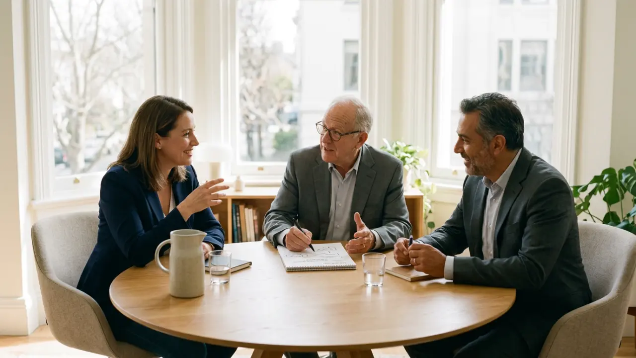 Trois dirigeants en échange stratégique autour d'une table ronde