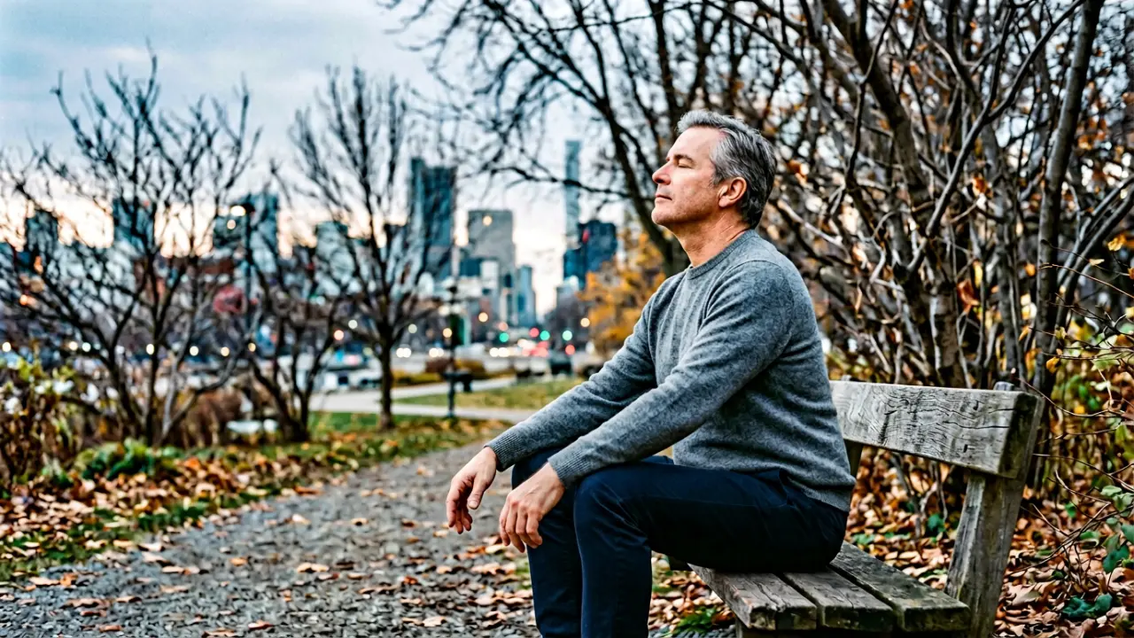 Dirigeant assis seul dans un parc urbain en moment de récupération intentionnelle