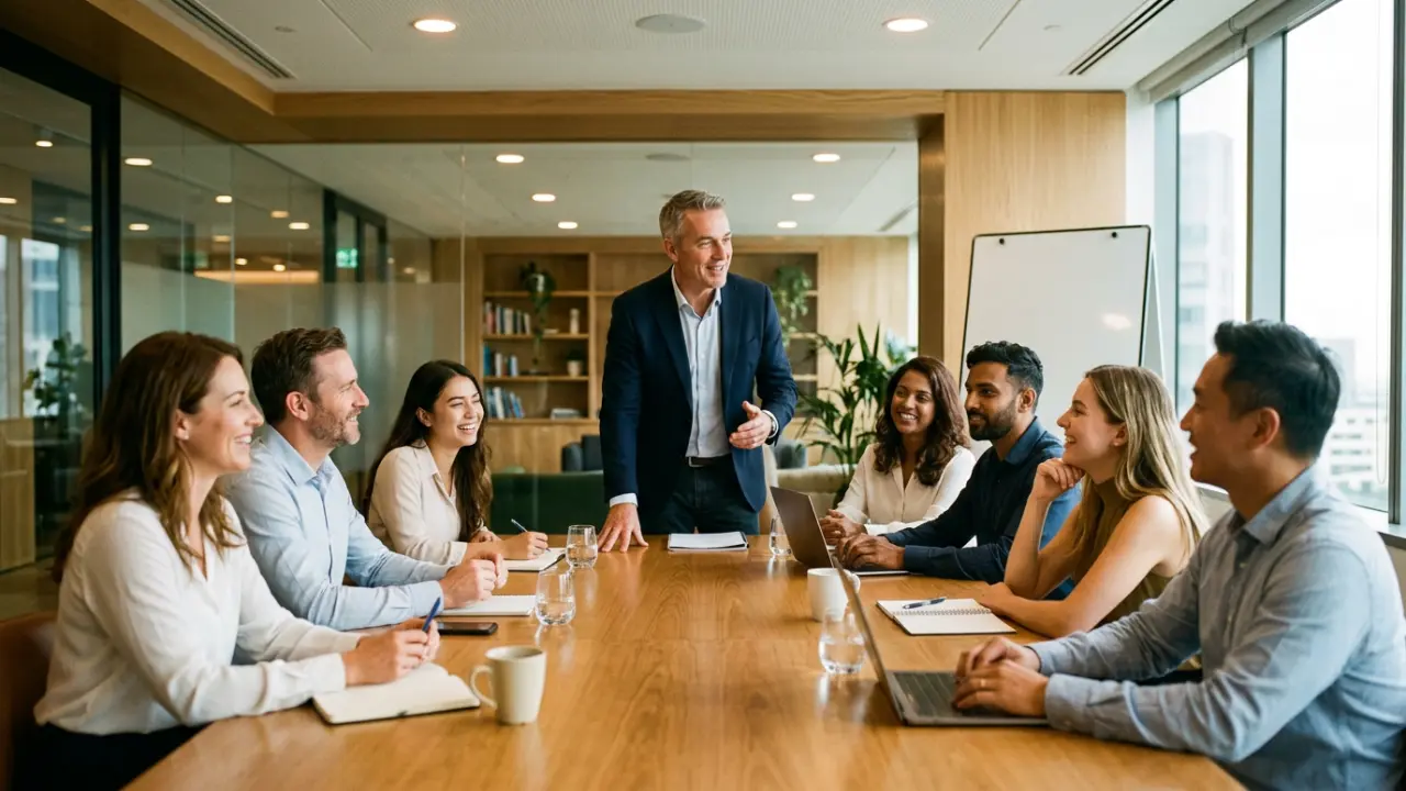 Dirigeant s'adressant à son équipe avec présence et ouverture dans une salle de réunion