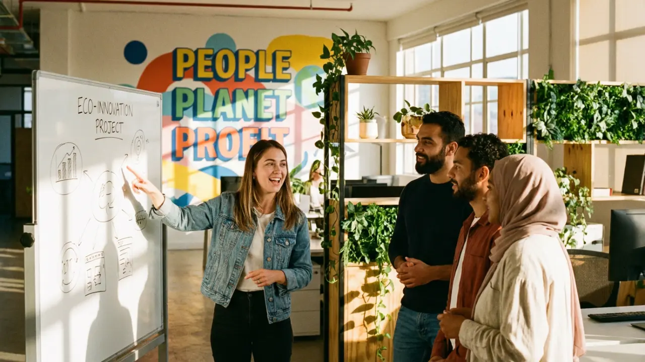 Équipe collaborative discutant des valeurs people planet profit dans un bureau moderne