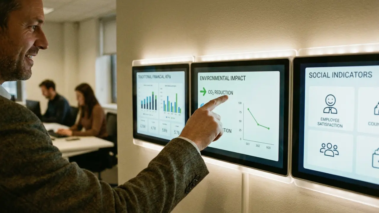 Tableau de bord digital affichant les KPIs triple bottom line économiques sociaux et environnementaux