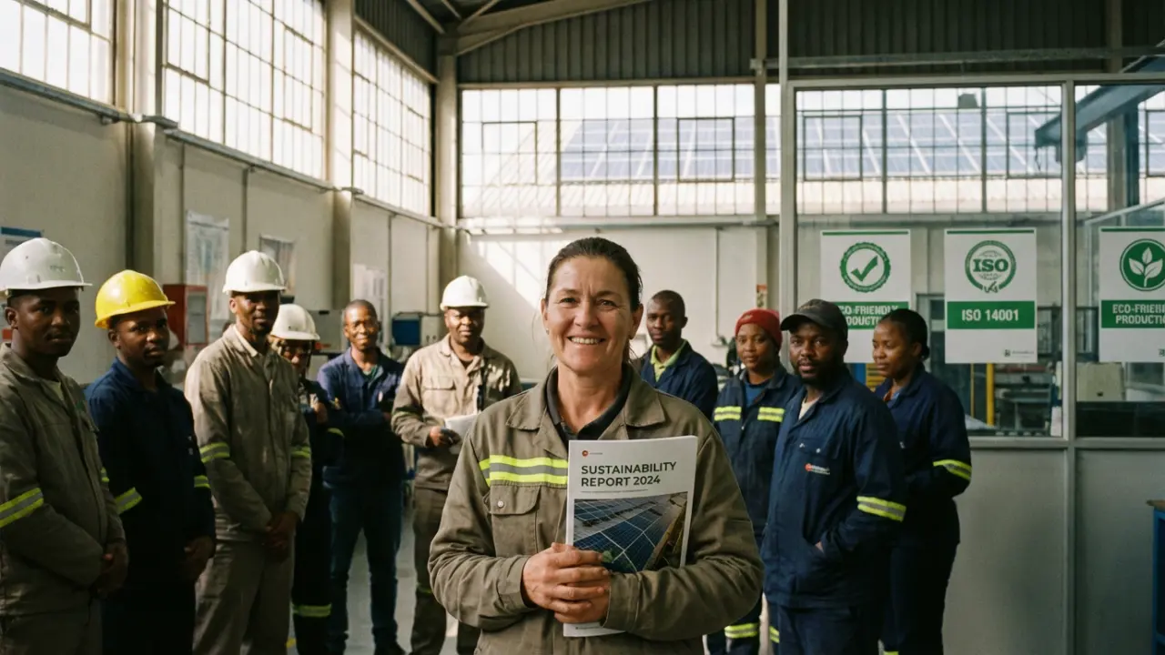 Dirigeante d'entreprise responsable tenant un rapport de durabilité dans son usine équipée de panneaux solaires