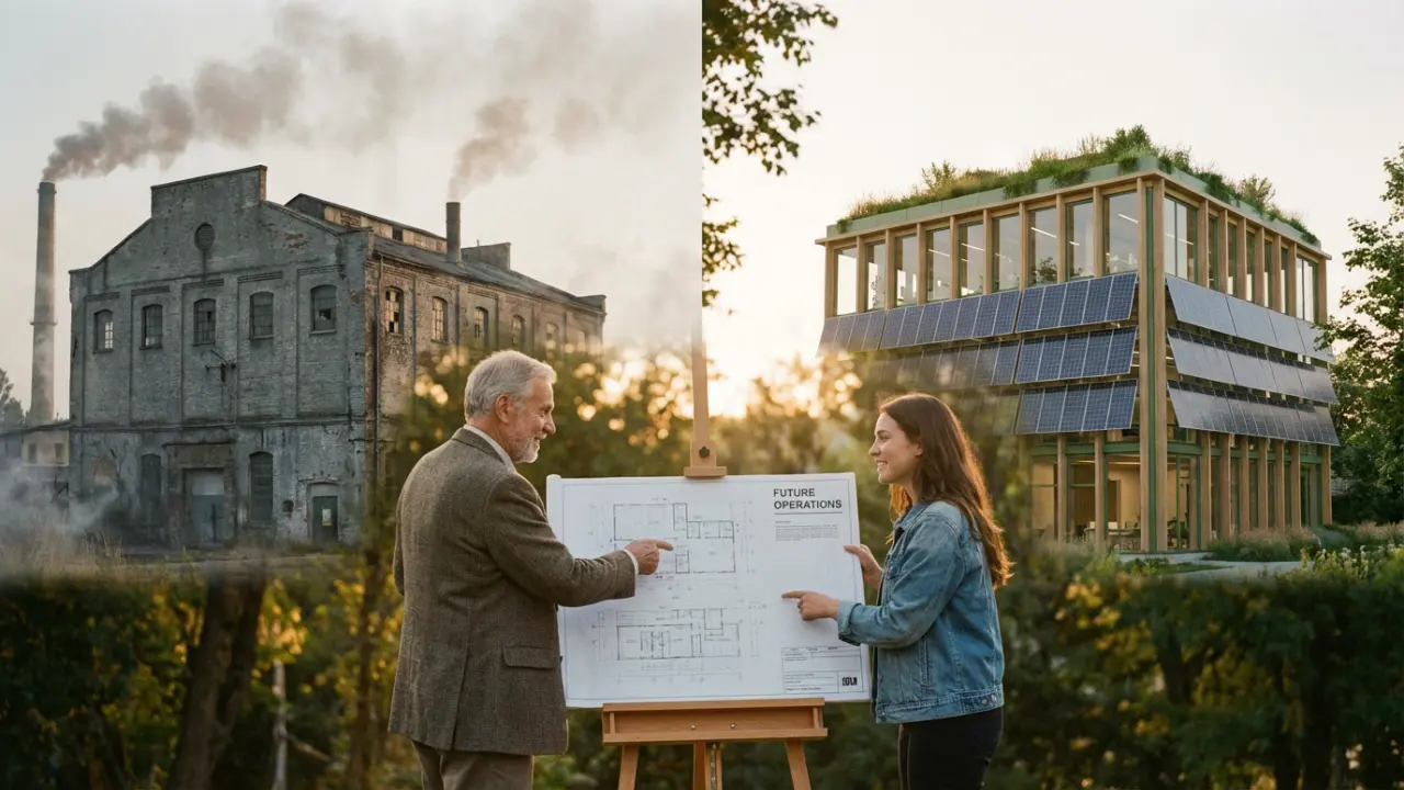 Transformation d'une usine industrielle vers une architecture durable avec panneaux solaires et toits végétalisés