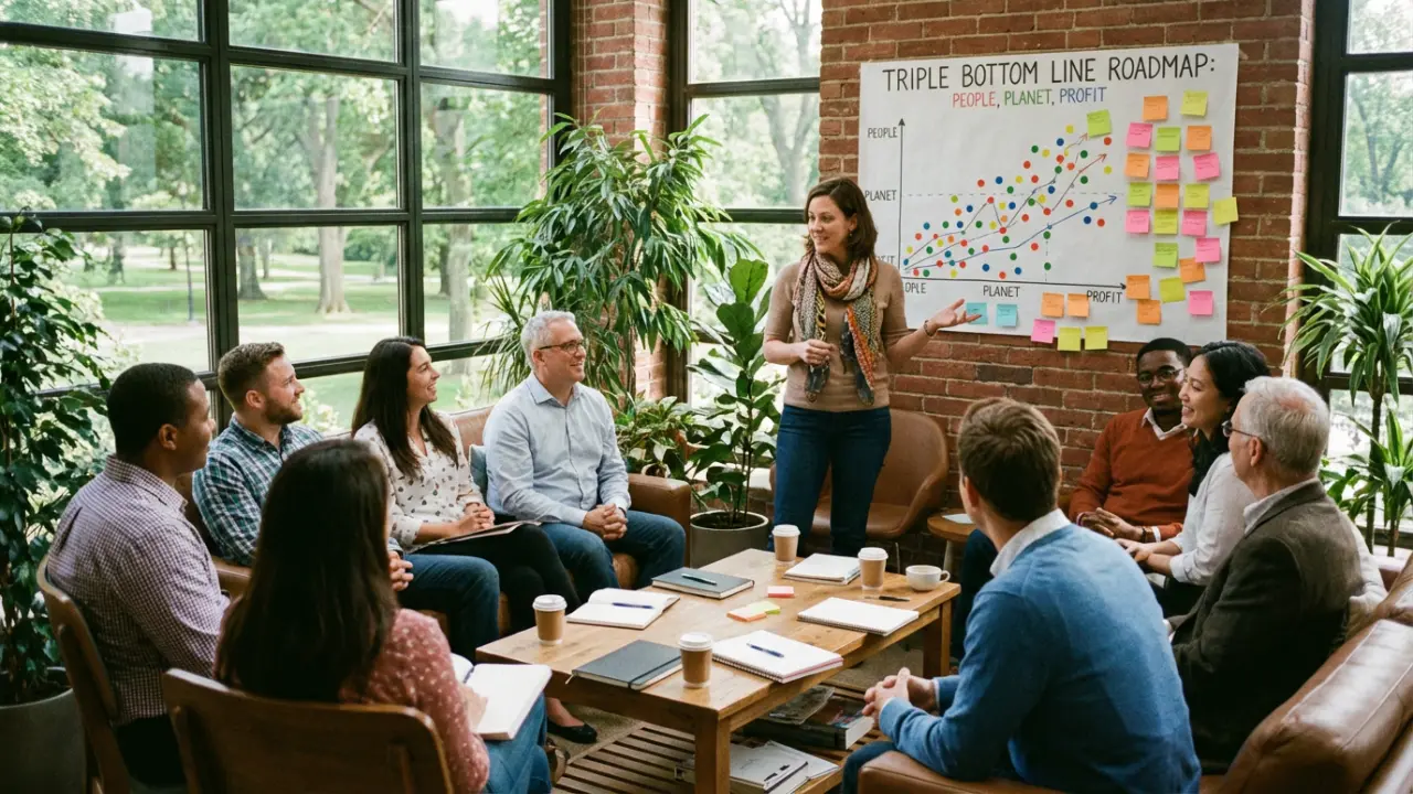Équipe diverse de collaborateurs en réunion autour d'une feuille de route triple bottom line avec post-it colorés