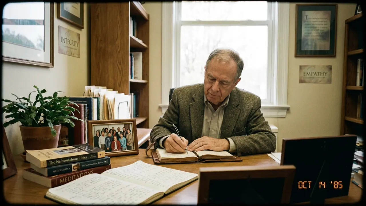 Bureau personnel avec objets symbolisant la réflexion éthique et les valeurs