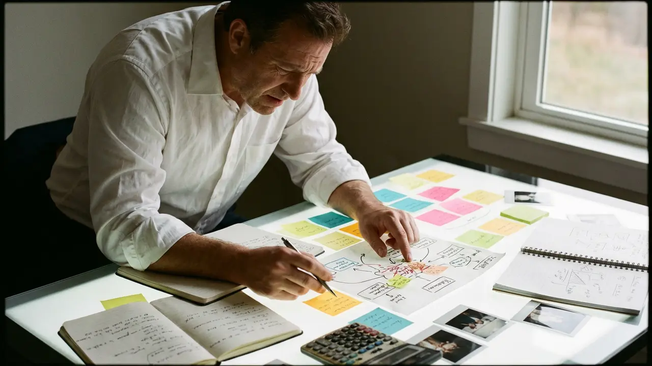 Dirigeant analysant les points de friction organisationnels avec post-it et diagrammes