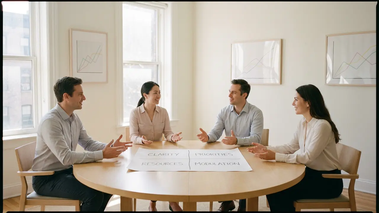 Réunion collaborative autour des quatre piliers organisationnels pour la durabilité