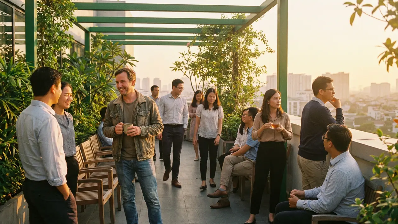 Équipe prenant une vraie pause collective sur une terrasse ensoleillée sans téléphones