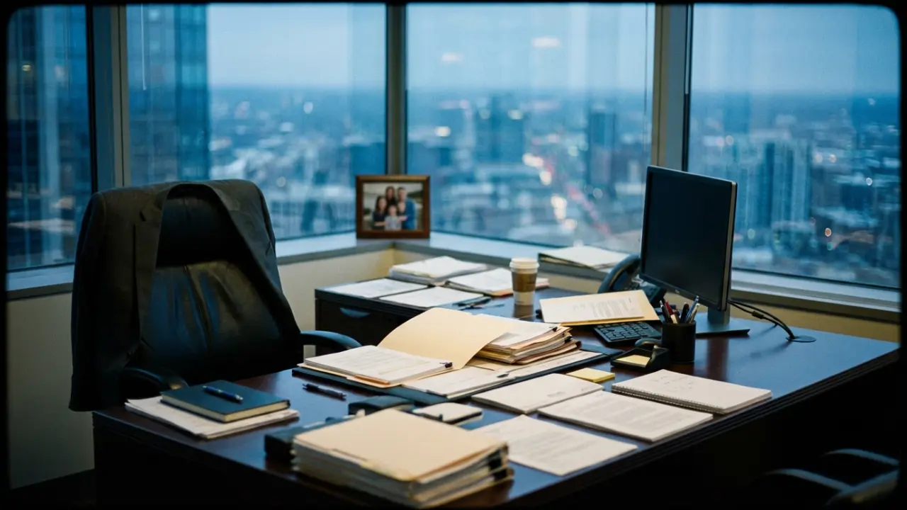 Bureau vide de dirigeant tard le soir symbolisant l'épuisement invisible