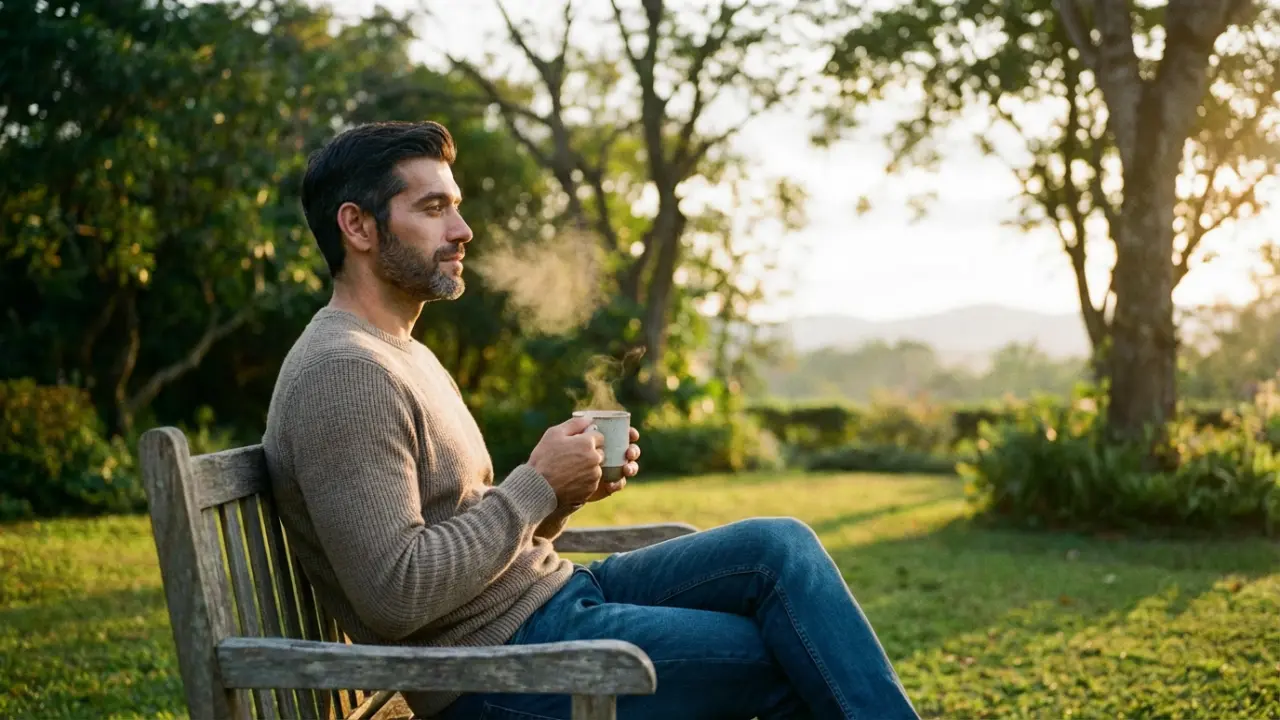 Dirigeant en moment de récupération programmée dans un jardin au matin