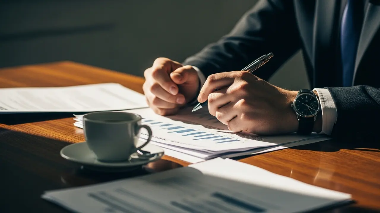 Mains tremblantes de cadre dirigeant sur bureau avec documents et café