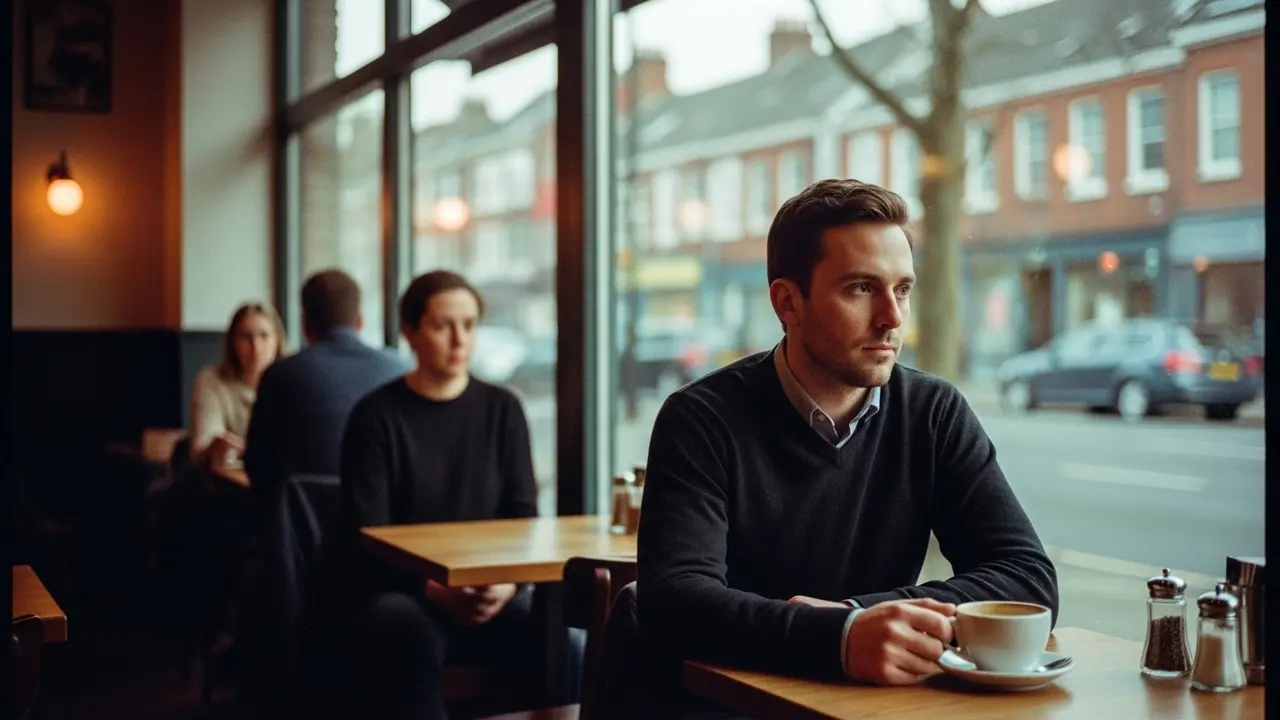 Homme seul dans café observant silencieusement avec tasse de café intouchée