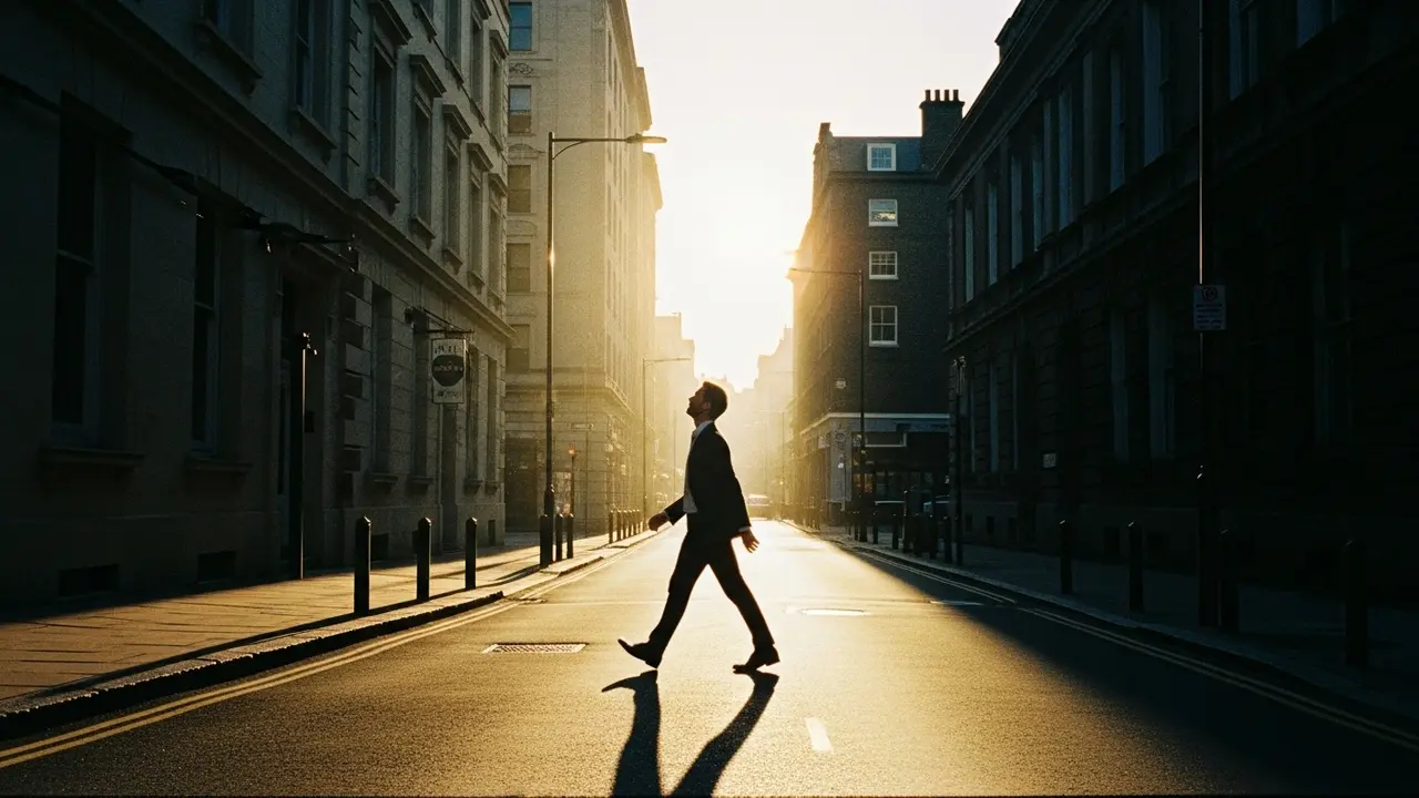 Cadre marchant seul dans rue urbaine au petit matin avec démarche légère