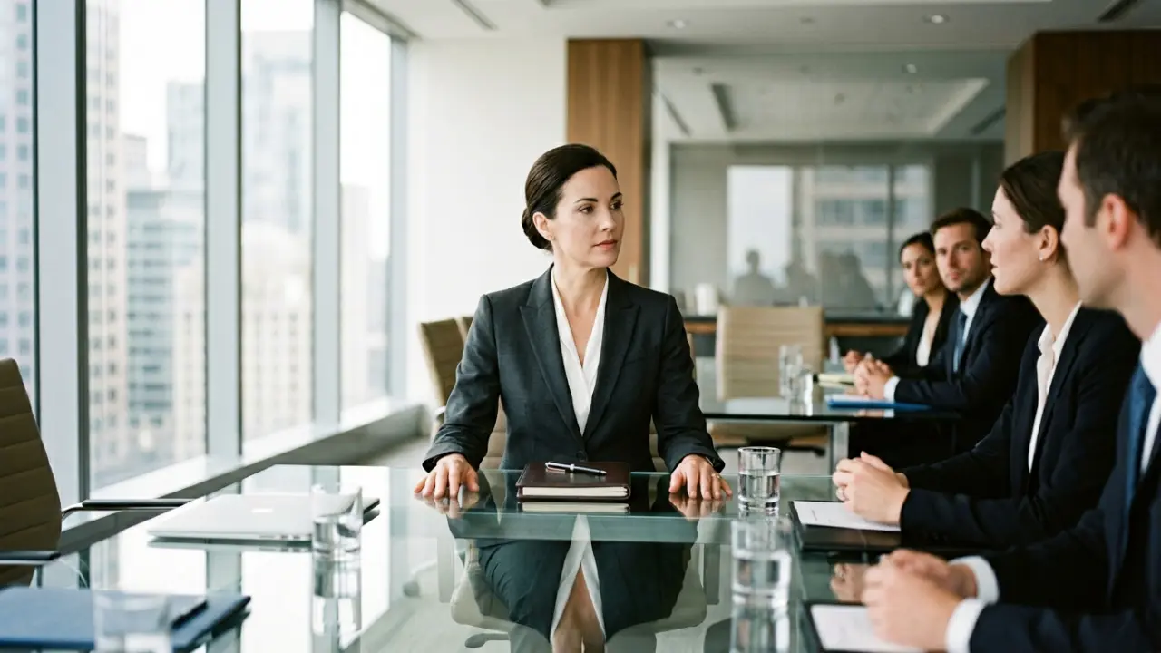 Dirigeante en réunion, posture maîtrisée et image professionnelle irréprochable