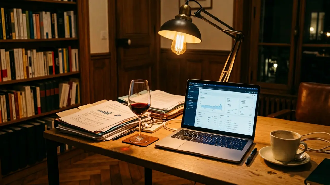 Bureau à domicile avec verre de vin et dossiers professionnels, zone grise de l'addiction