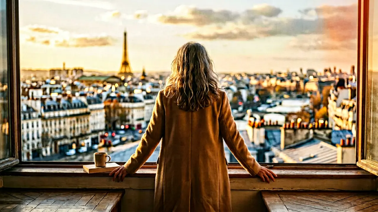 Dirigeante apaisée face à une fenêtre panoramique sur Paris au lever du jour