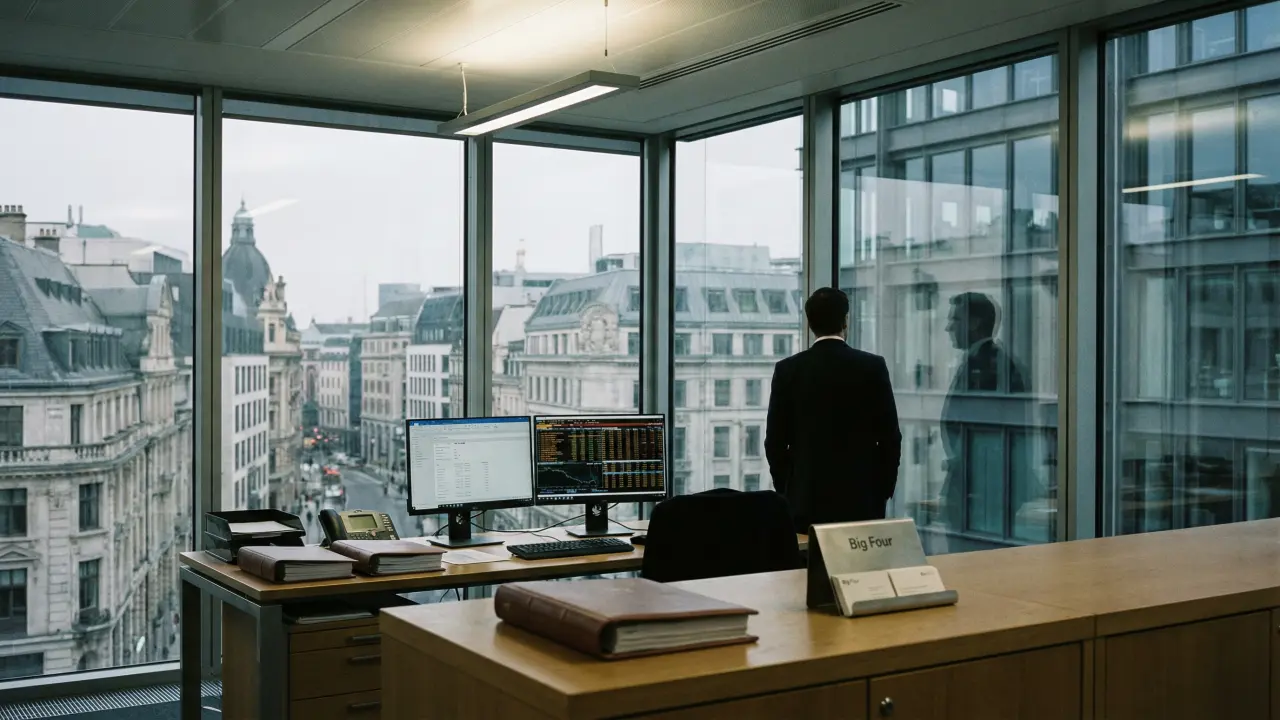 Bureau prestigieux d'un consultant senior dans un cabinet Big Four avec vue sur le quartier d'affaires