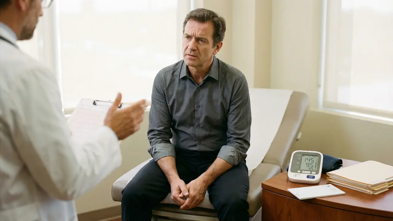 Cadre dirigeant lors d'une consultation médicale recevant un diagnostic d'alerte santé