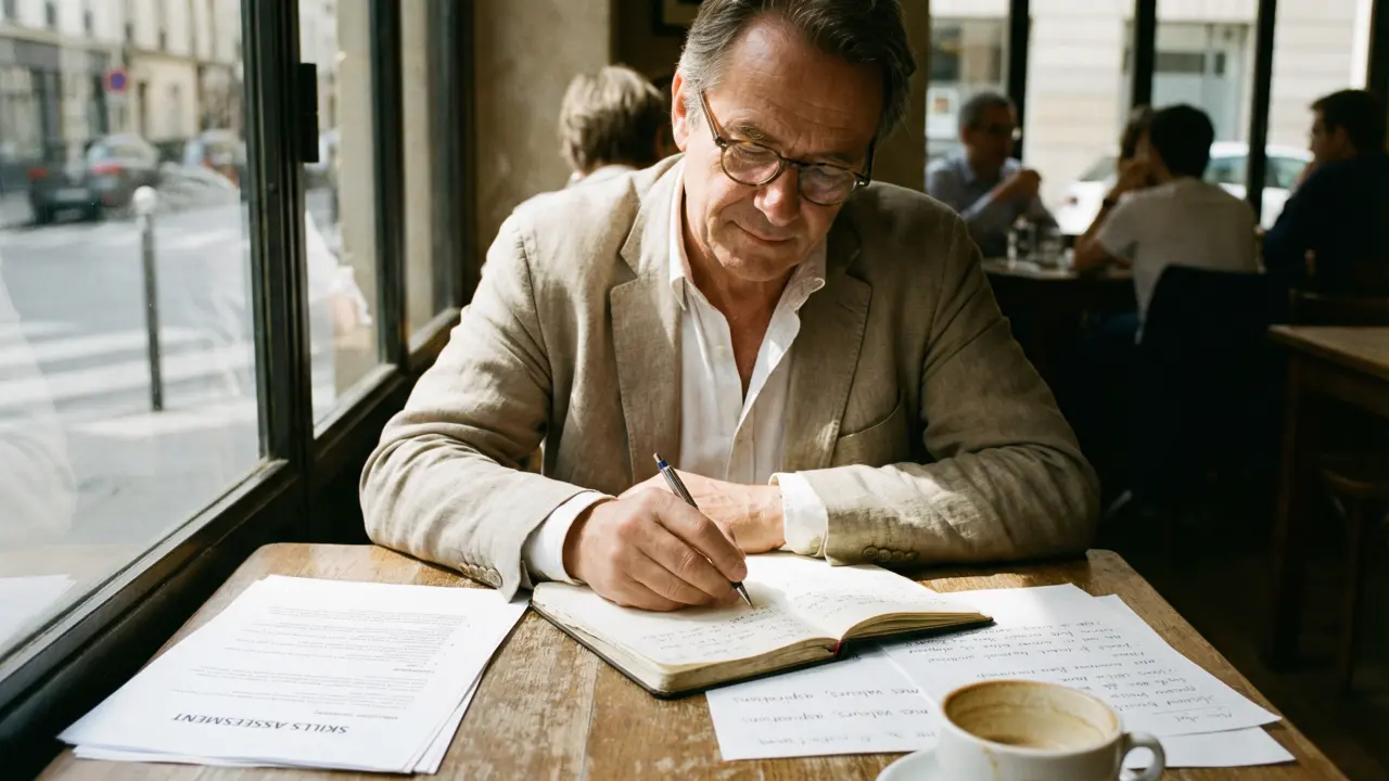 Cadre senior en introspection travaillant sur son bilan de compétences dans un café