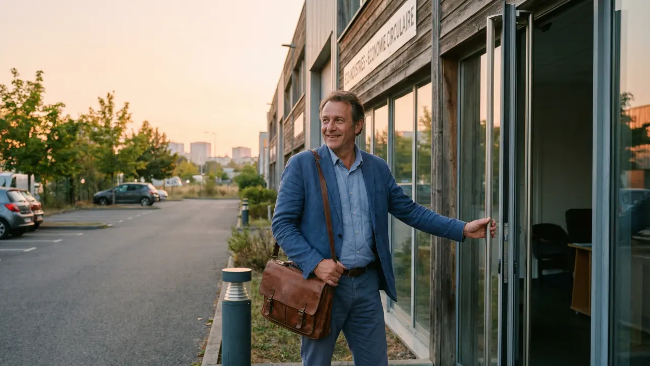 Cadre senior quittant son bureau à heure raisonnable avec un sourire apaisé