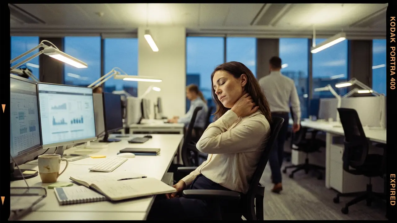 « Cadre en open space gérant sa fatigue en fin de journée, illustrant les tensions du leadership moderne »