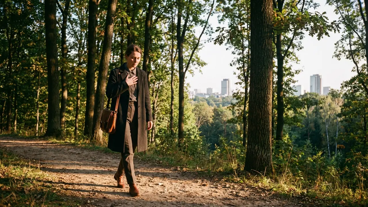 « Dirigeante marchant seule en forêt en lisière de ville, en marche de recentrage »