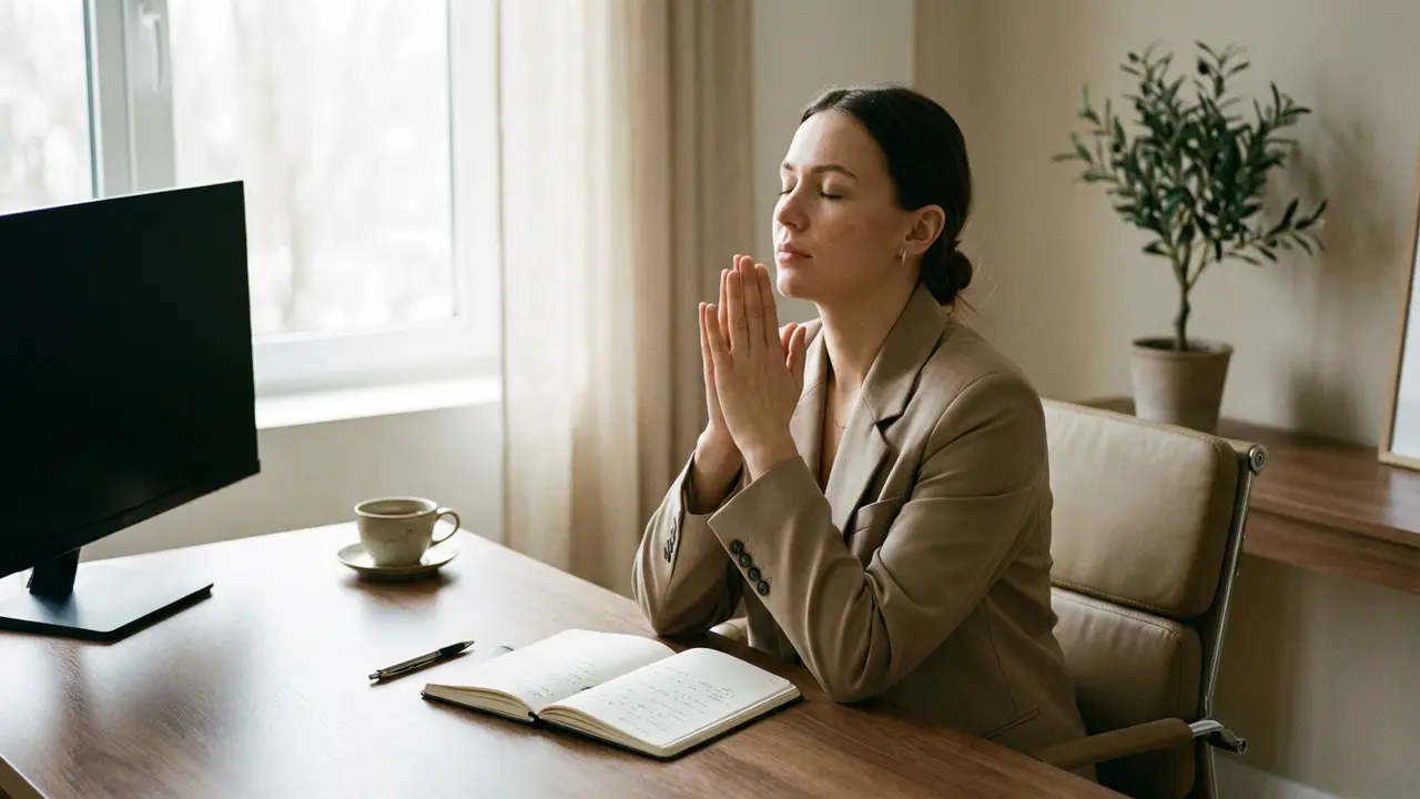 « Responsable RSE en micro-pause de recentrage au bureau, yeux fermés et posture détendue »