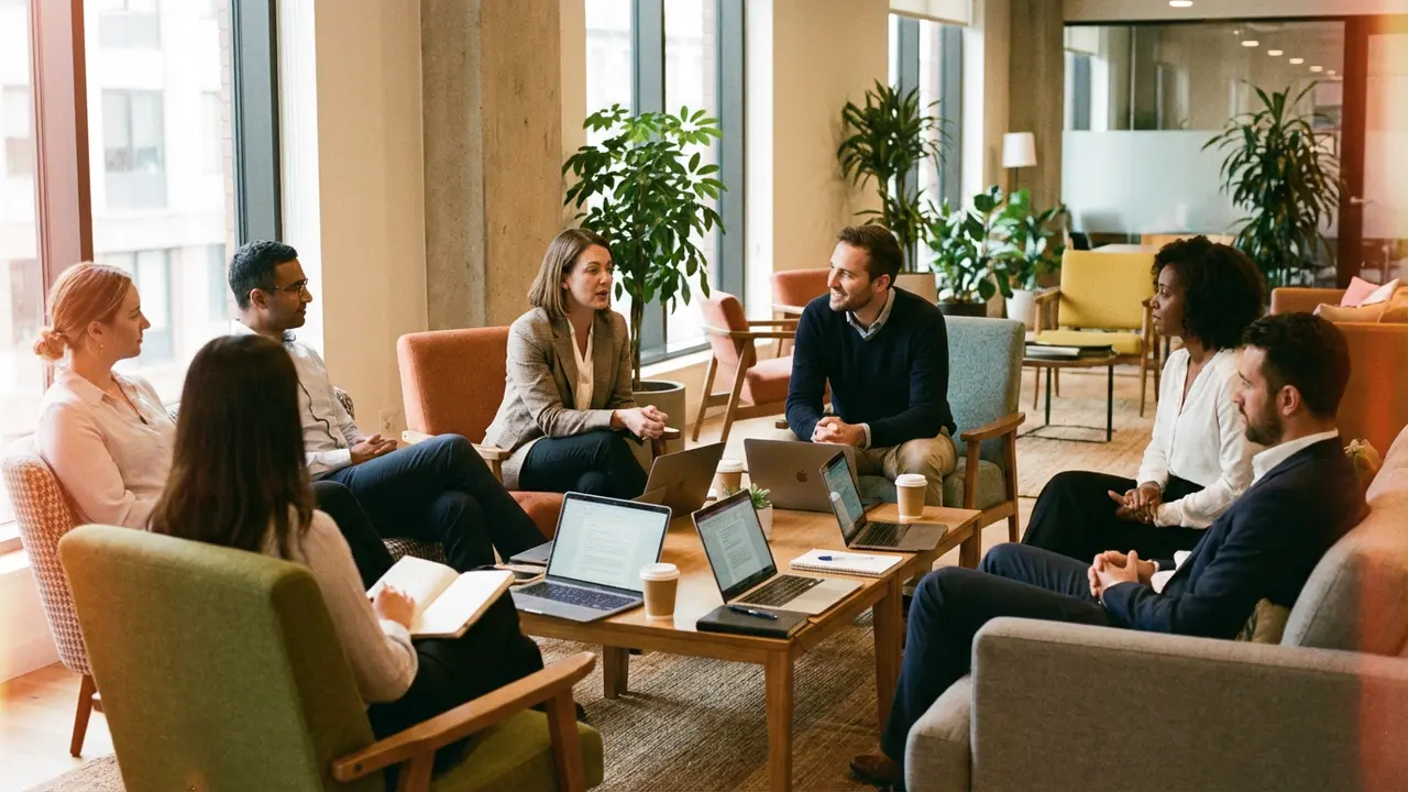 « Équipe de cadres en réunion sereine, illustrant une culture de confiance et de puissance tranquille »