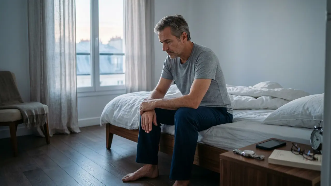 Dirigeant assis au bord du lit au réveil, moment de suspension avant la journée