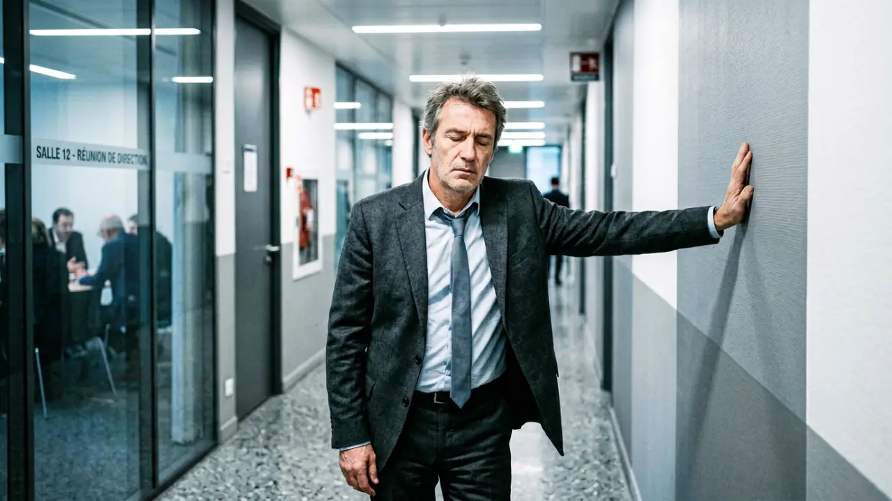 Dirigeant appuyé contre un mur de couloir, yeux fermés, pause corporelle forcée