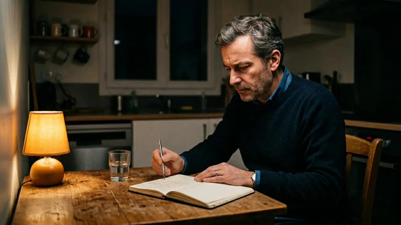 Dirigeant seul la nuit face à un carnet ouvert, stylo en main, introspection