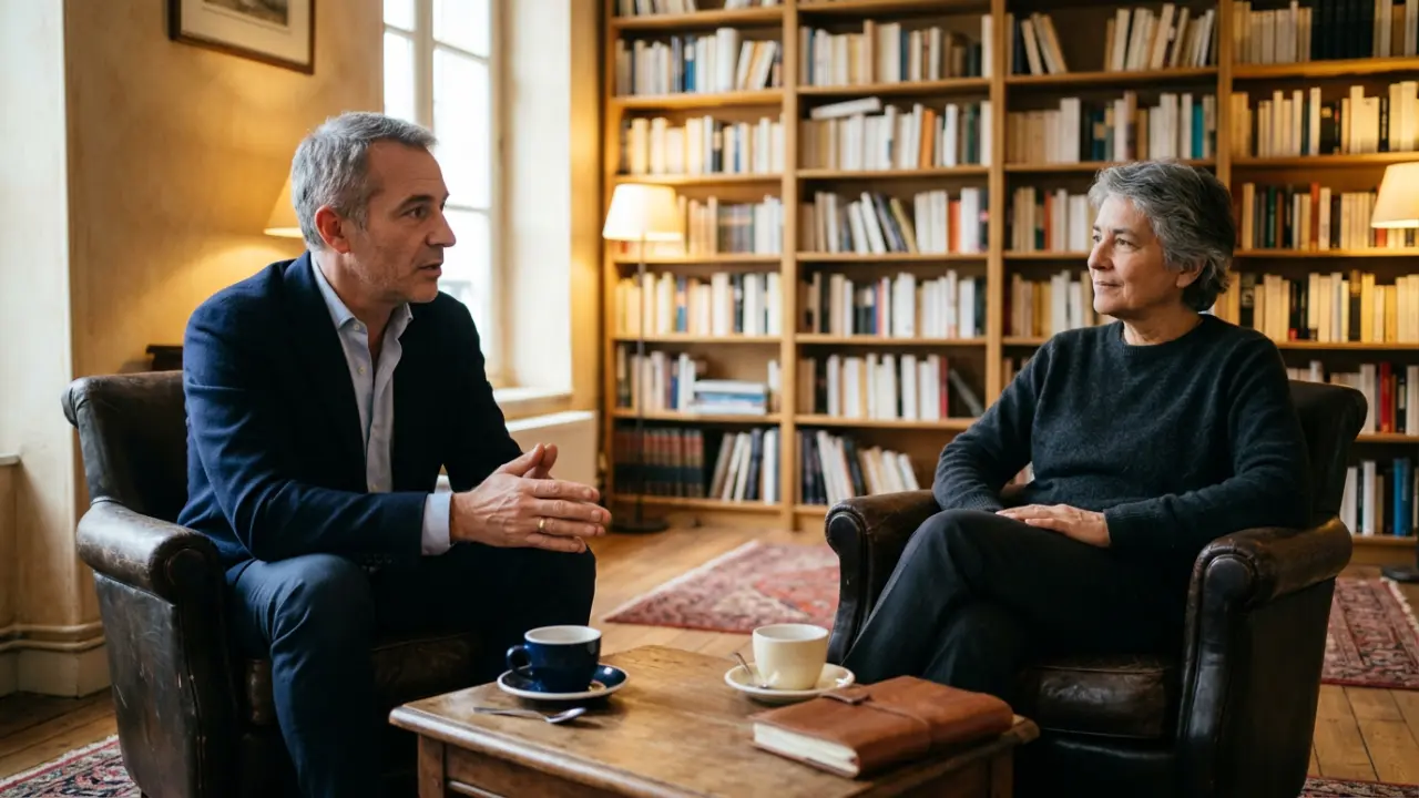 Dirigeant en conversation profonde avec un accompagnateur dans un bureau intimiste