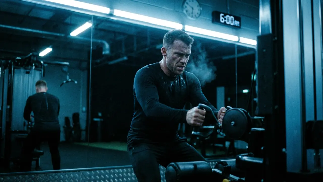Cadre dirigeant s'entraînant intensément à 6h du matin dans une salle de sport vide