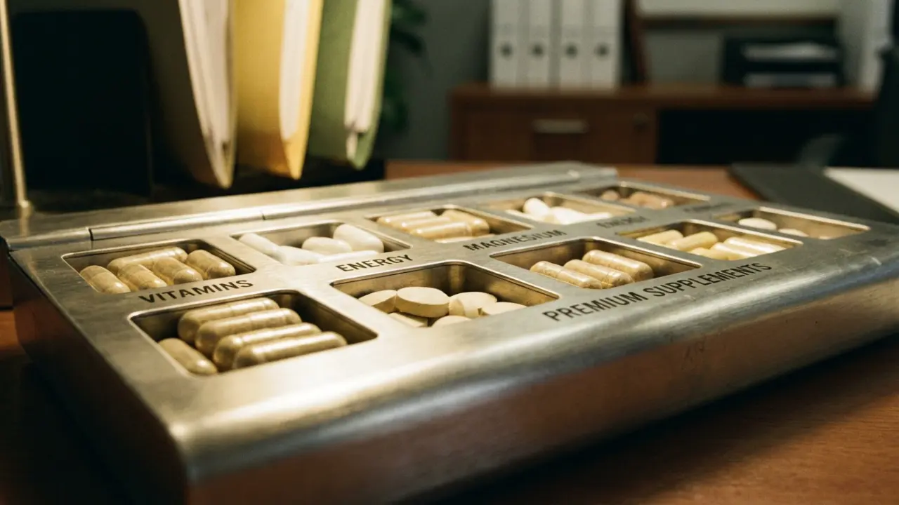 Pilulier organisé avec vitamines boosters et compléments alimentaires sur bureau professionnel