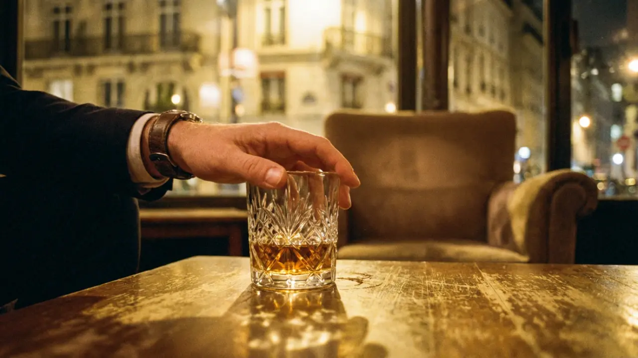 Main d'homme en costume tenant un verre de vin en fin de soirée