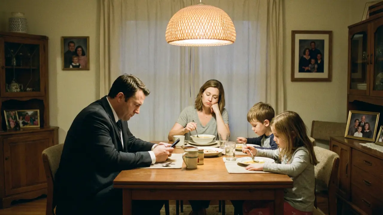 Cadre dirigeant absent émotionnellement lors d'un repas familial avec sa femme et ses enfants