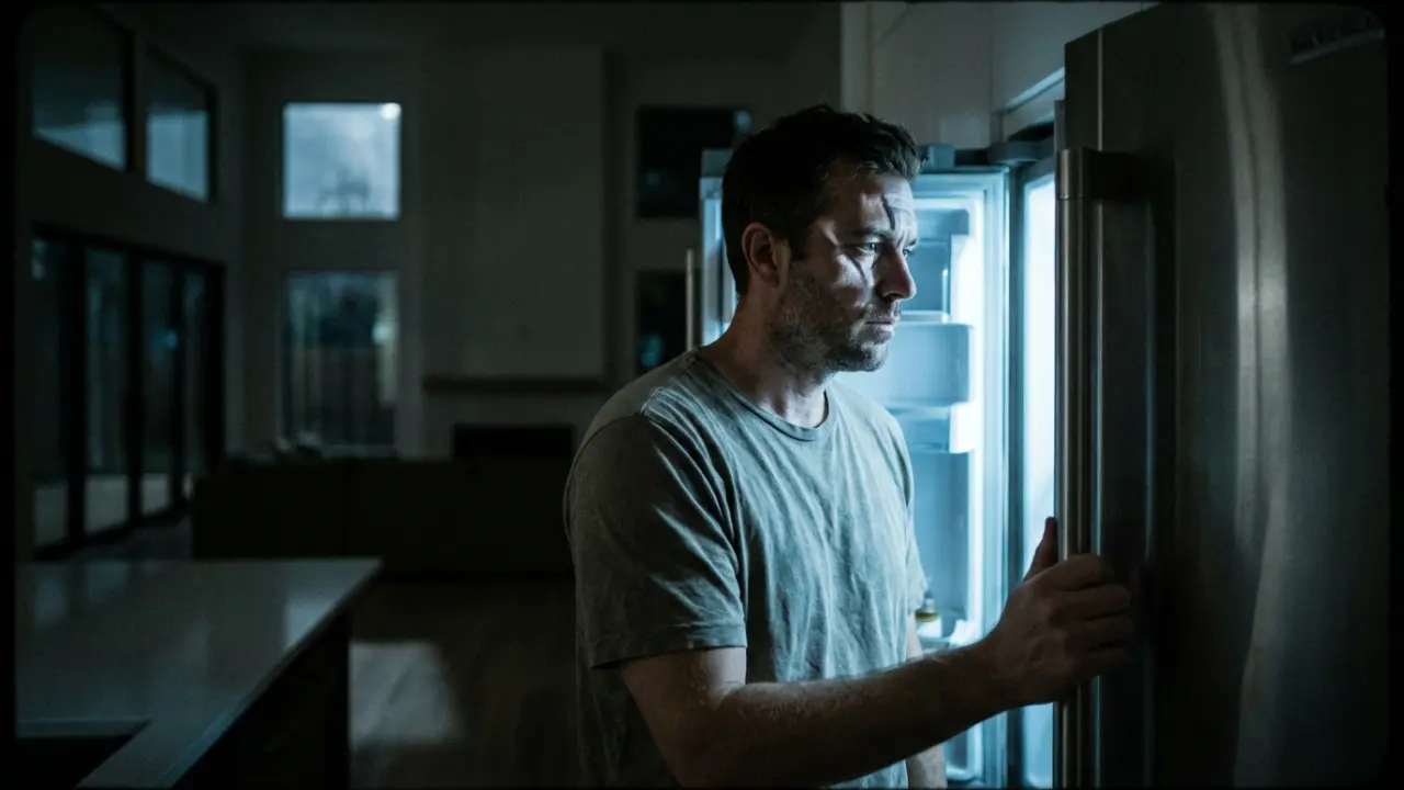 Homme seul dans sa cuisine à 3h du matin éclairé par la lumière du réfrigérateur