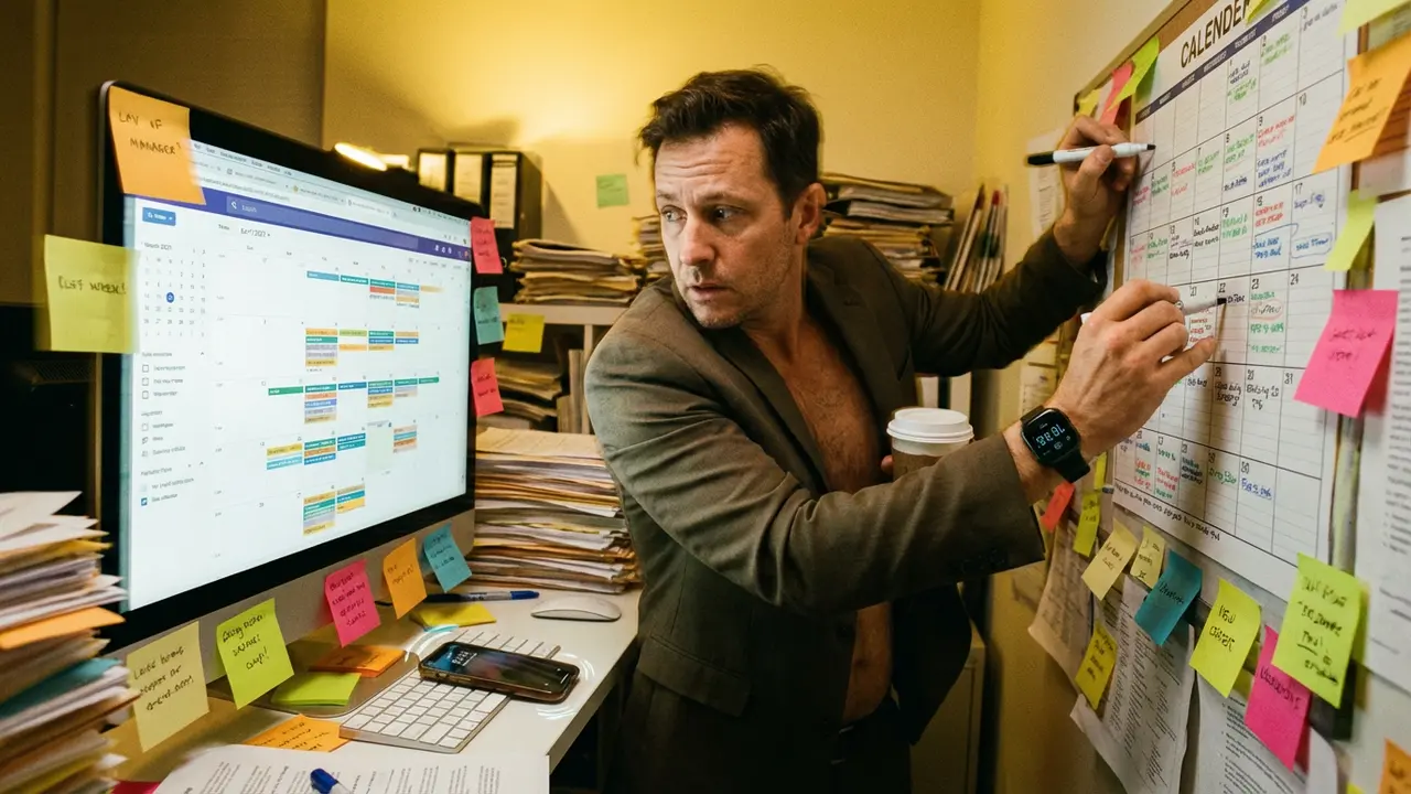Manager débordé devant un planning saturé et un bureau encombré