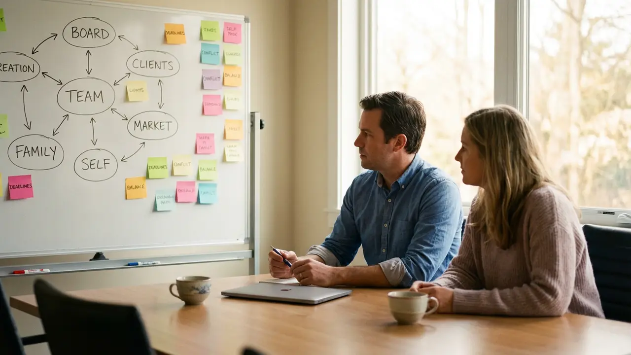 Dirigeant accompagné par une coach devant un tableau de cartographie du stress
