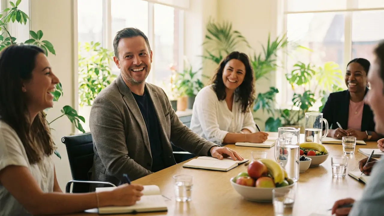 Équipe de direction en réunion détendue autour d’un dirigeant serein