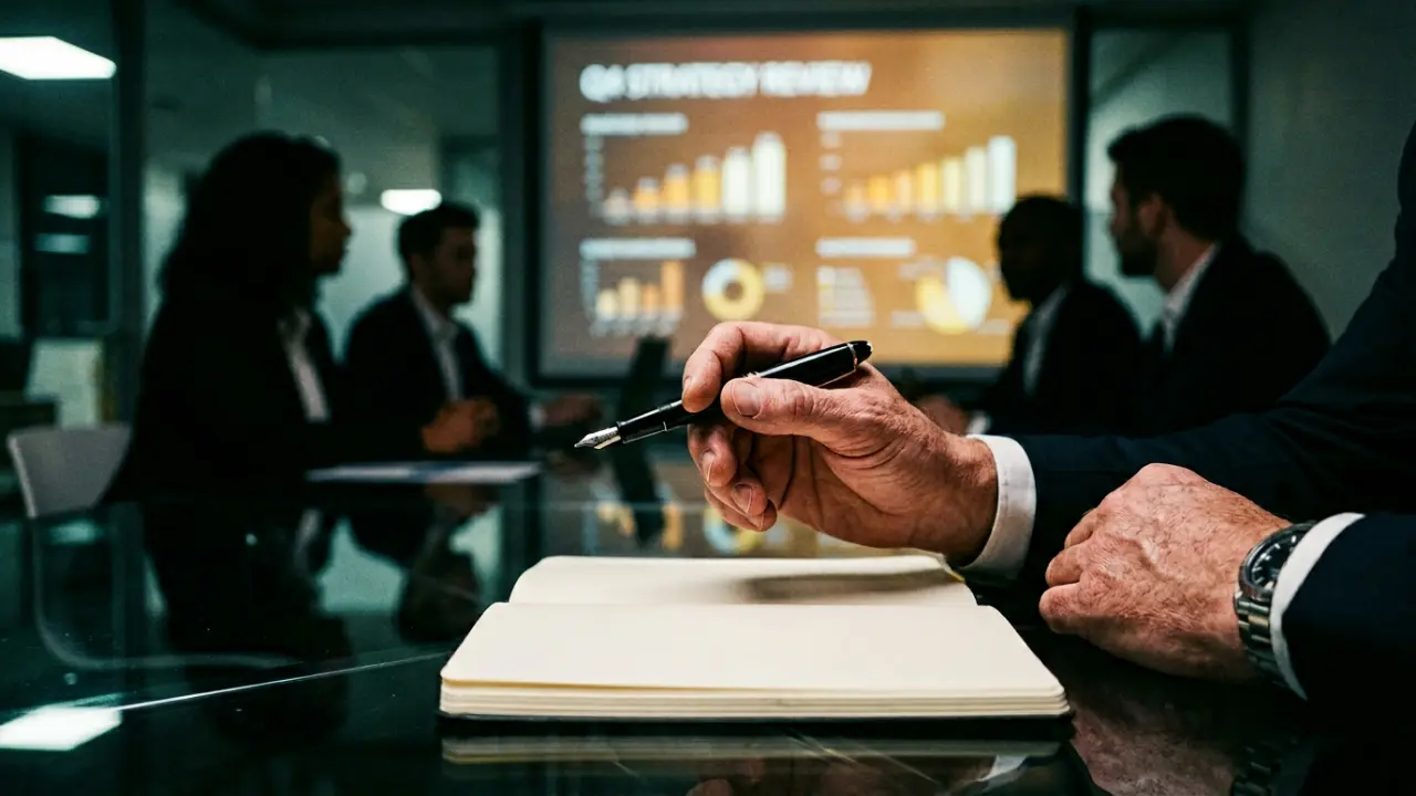 Cadre dirigeant en réunion, stylo suspendu au-dessus d'un carnet vierge, signaux de tension intérieure silencieux