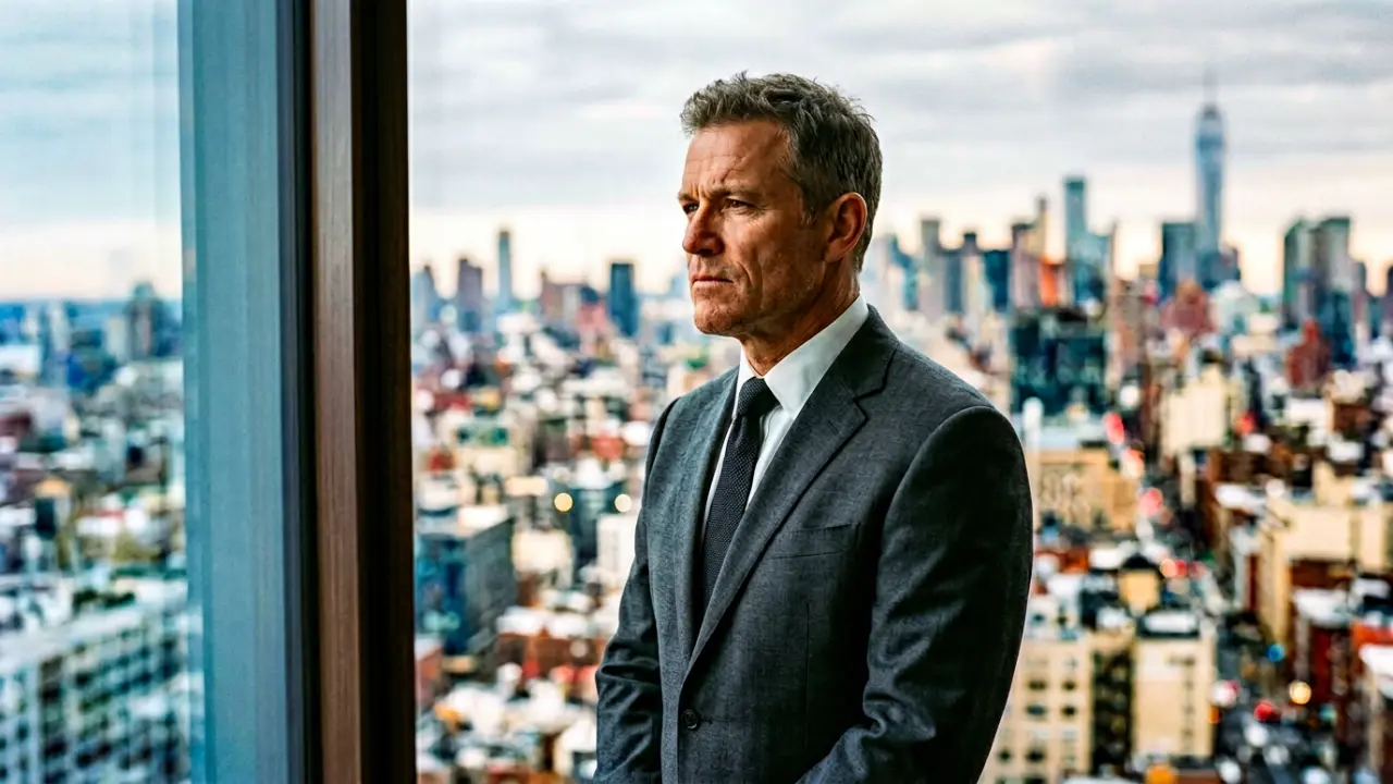 Portrait d'un dirigeant debout devant une fenêtre panoramique urbaine, posture de maîtrise et regard légèrement vulnérable