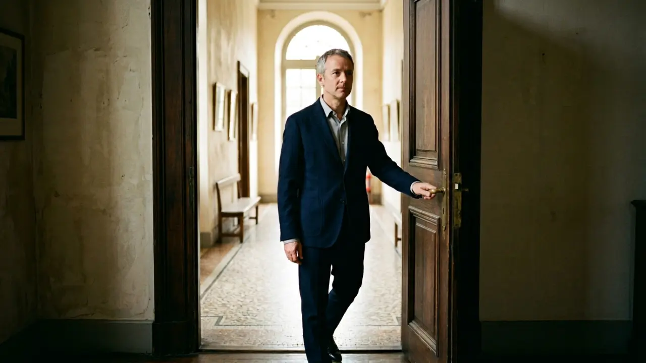 Dirigeant en costume poussant une porte entrouverte, lumière douce au fond du couloir, moment du premier rendez-vous thérapeutique