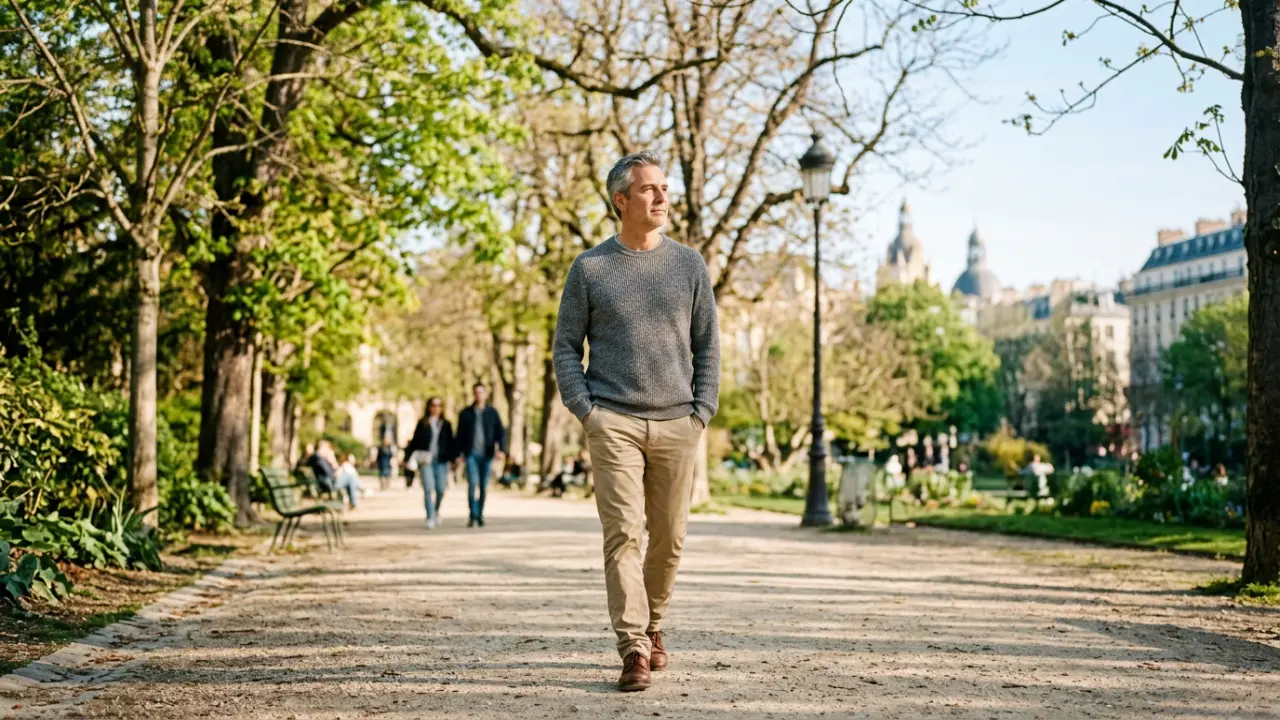 Dirigeant apaisé marchant seul dans un parc parisien au printemps, regard ouvert, clarté retrouvée après un accompagnement thérapeutique