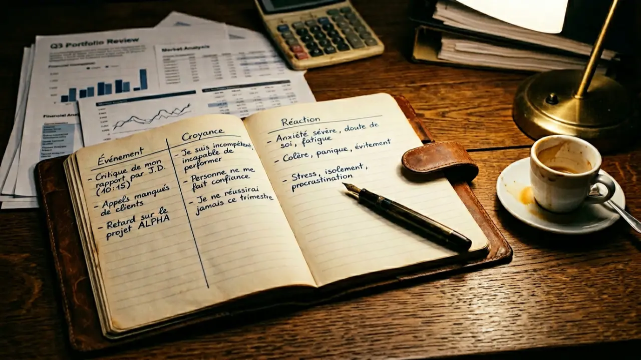 Notebook ouvert avec le modèle A-B-C écrit à la main, métaphore du filtre cognitif